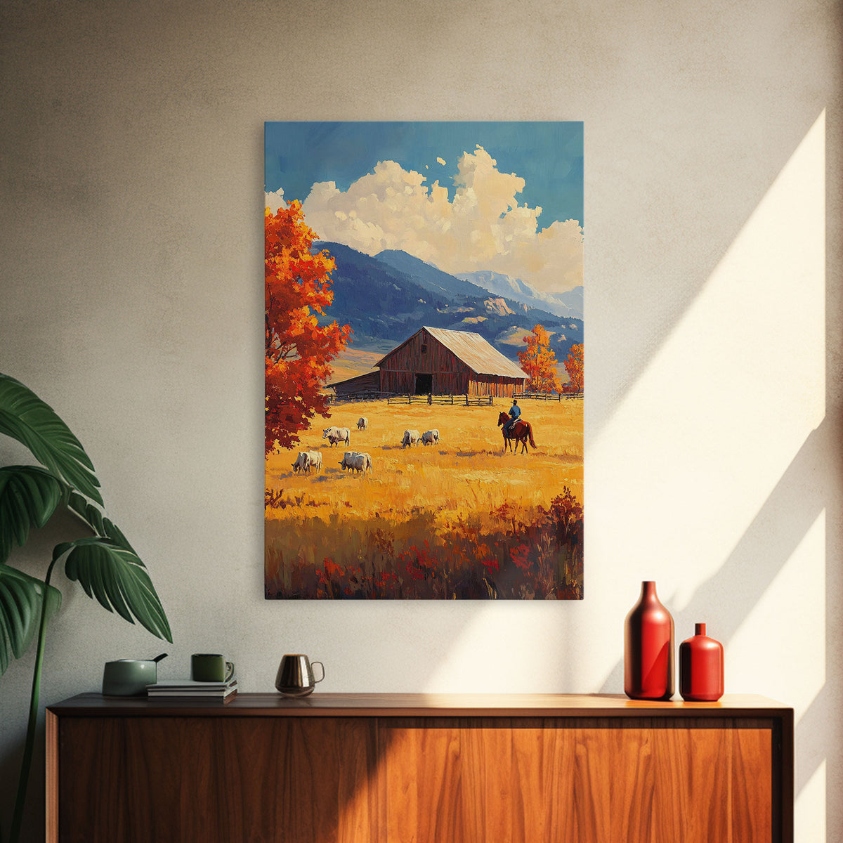 Cowboy Herding Cattle Framed Canvas Print Rustic Autumn Landscape With Barn And Vibrant Fall Colors Perfect Country Christmas Decor Art