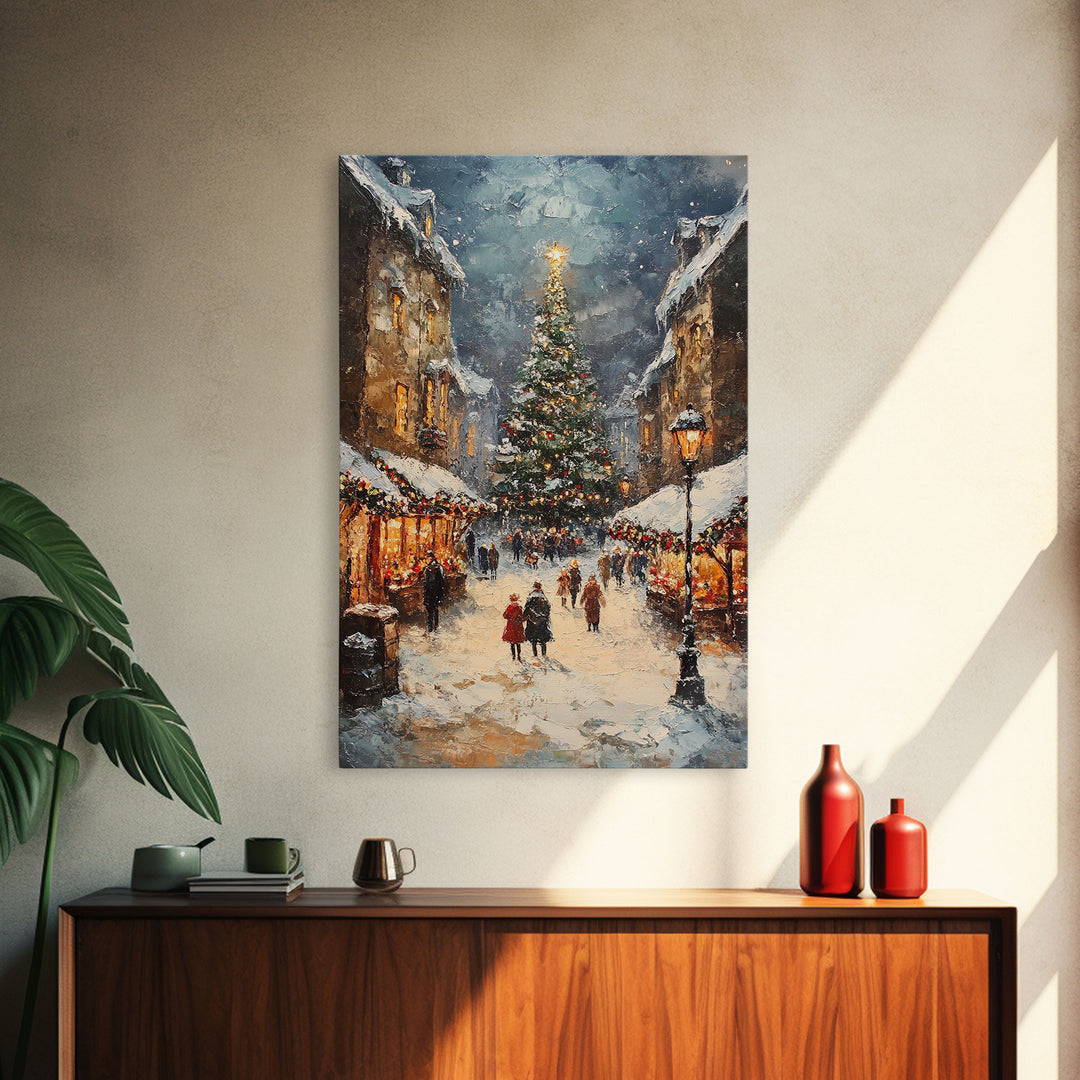 Christmas Market Scene With Tree And Snow Framed Canvas Print Vintage Holiday Village Scene Perfect For Christmas Wall Art And Holiday Decor