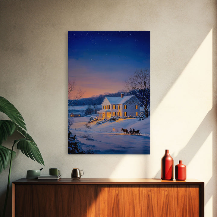 Cozy Snowy House Winter Landscape Framed Canvas Print Wall Art Christmas Decor, Country Christmas Art Gift, Winter Wonderland Art