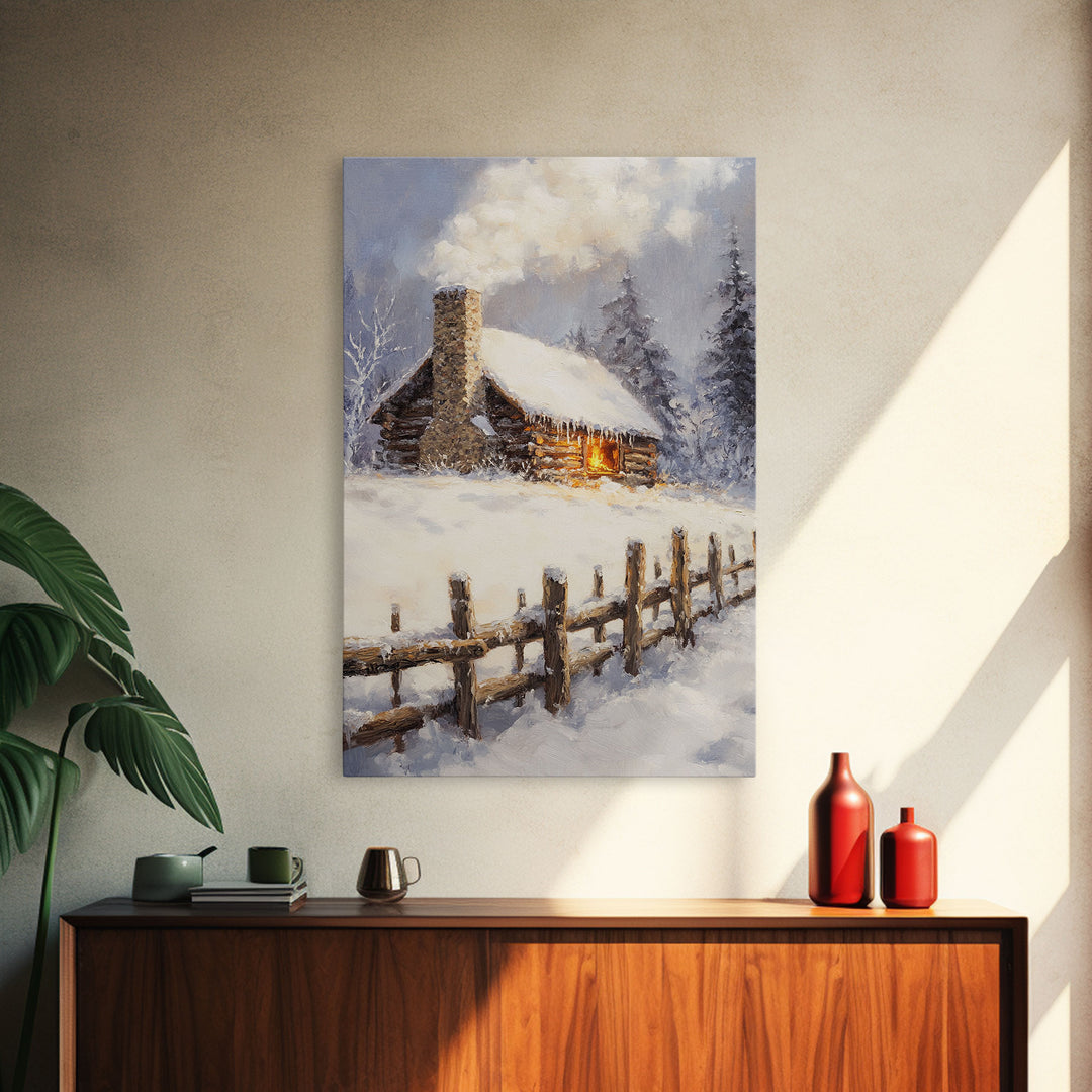 Rustic Cabin In Snow Framed Canvas Print Wall Art Christmas Home Decor, Winter Landscape Art, Cozy Winter Cabin Scene