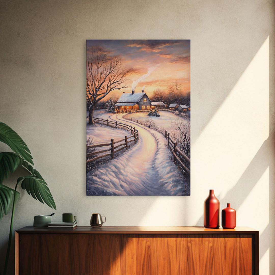 Snowy Path Leading To House Framed Canvas Print Wall Art Christmas Decor, Winter Holiday Art Gift, Cozy Christmas Wall Art