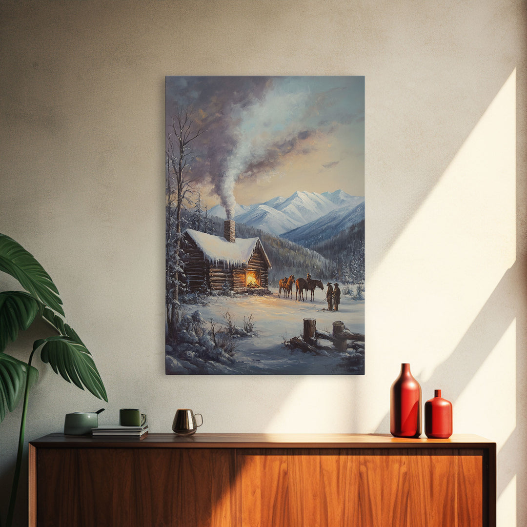 Mountain Cabin In Snow With Horses Framed Canvas Print Wall Art Rustic Winter Decor, Country Christmas Art, Winter Wonderland Scene