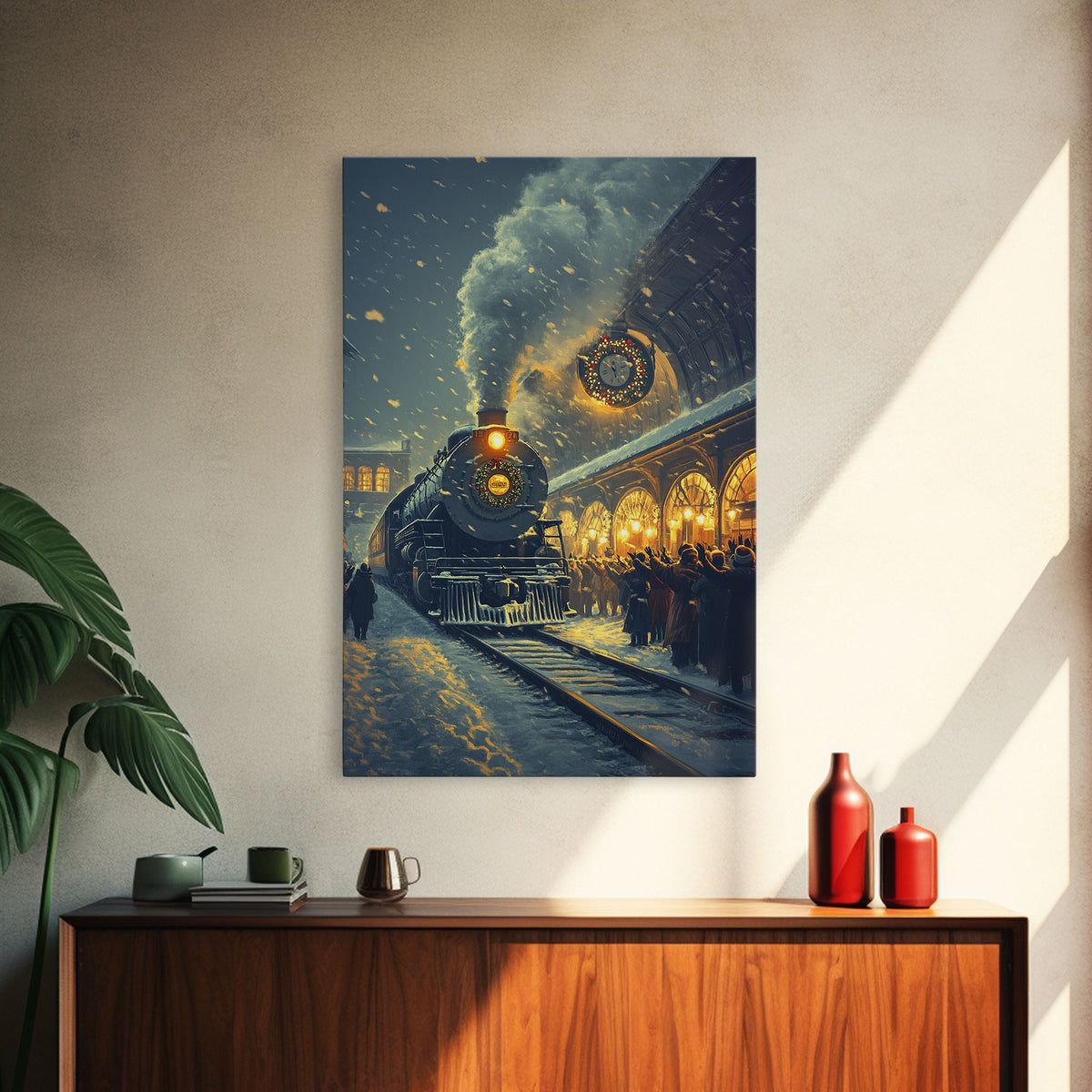 Nostalgic Christmas Train Station Scene in Snowy Winter Night, Ideal for Holiday Decor, Framed Canvas Print