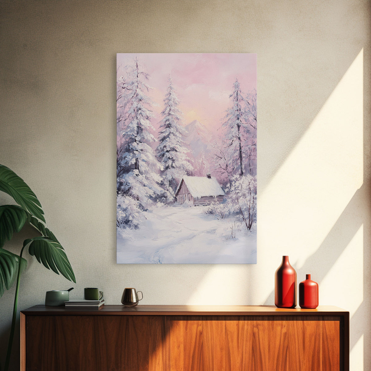 Pink Snowy Cabin Landscape Framed Canvas Print Wall Art Winter Wonderland Decor, Christmas Art Gift, Rustic Winter Scene Art
