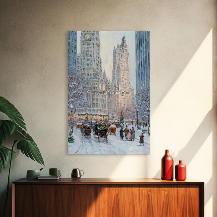 Historical City Winter Framed Canvas Print, Snowy Urban Landscape with Carriages and Victorian Architecture, Elegant Christmas Wall Art