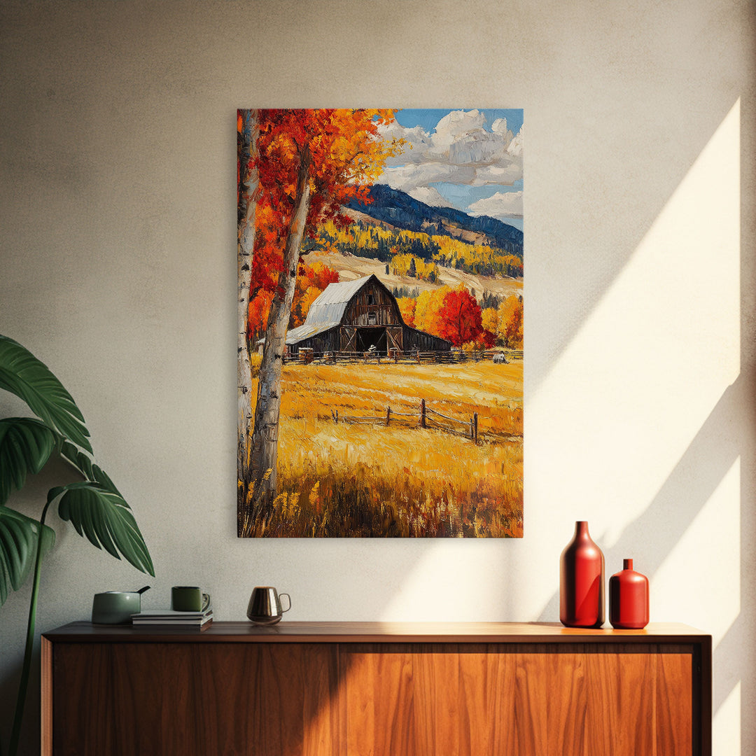 Countryside Barn in Autumn Framed Canvas Print, Bright Fall Landscape Birch Trees, Rustic Wall Art Country Home or Farmhouse Autumn Decor