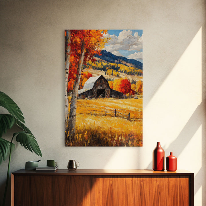 Countryside Barn in Autumn Framed Canvas Print, Bright Fall Landscape Birch Trees, Rustic Wall Art Country Home or Farmhouse Autumn Decor