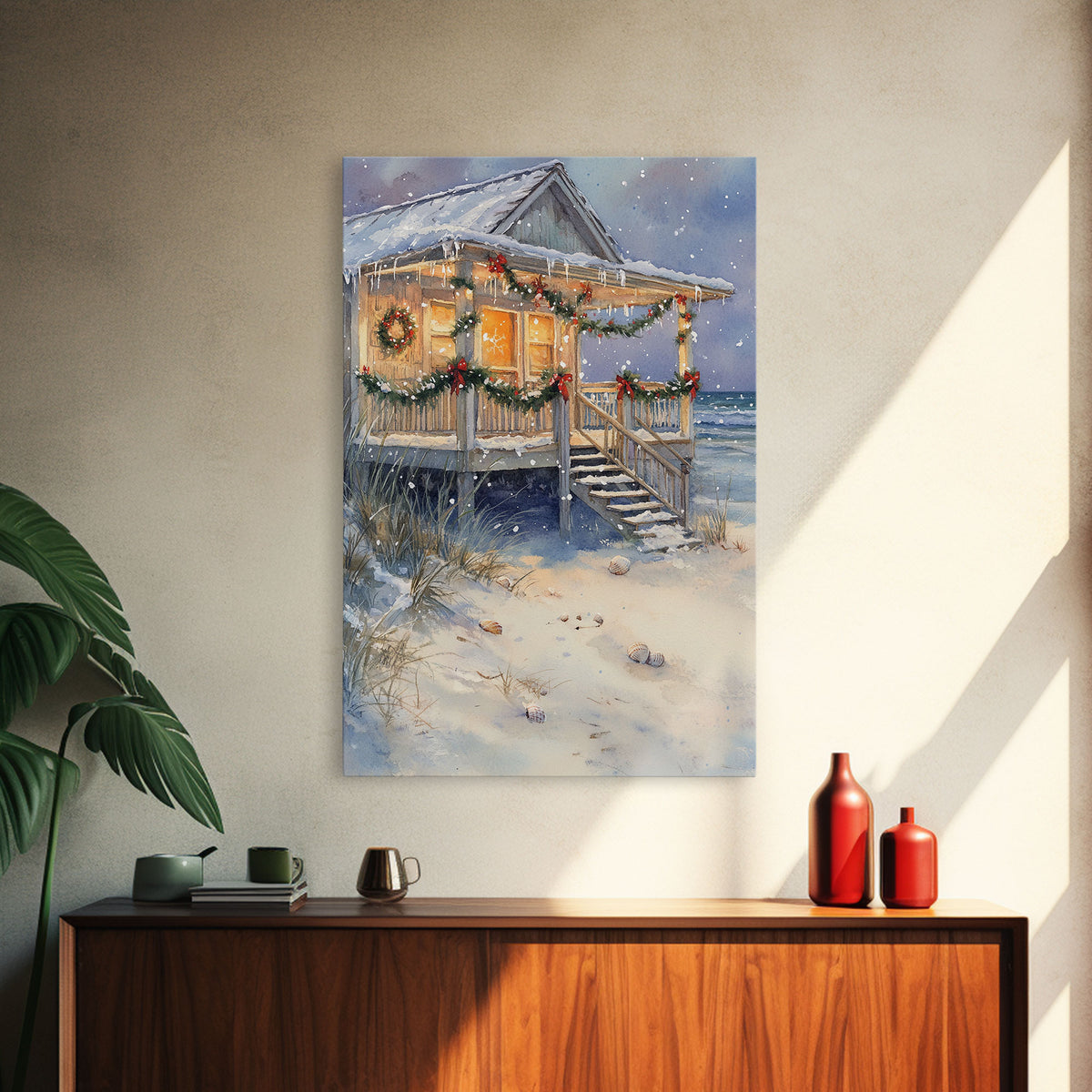 Beach Christmas Cottage Framed Canvas Print, Coastal Holiday Decor with Snow, Wreaths, and Shells, Perfect for Nautical Christmas Wall Art