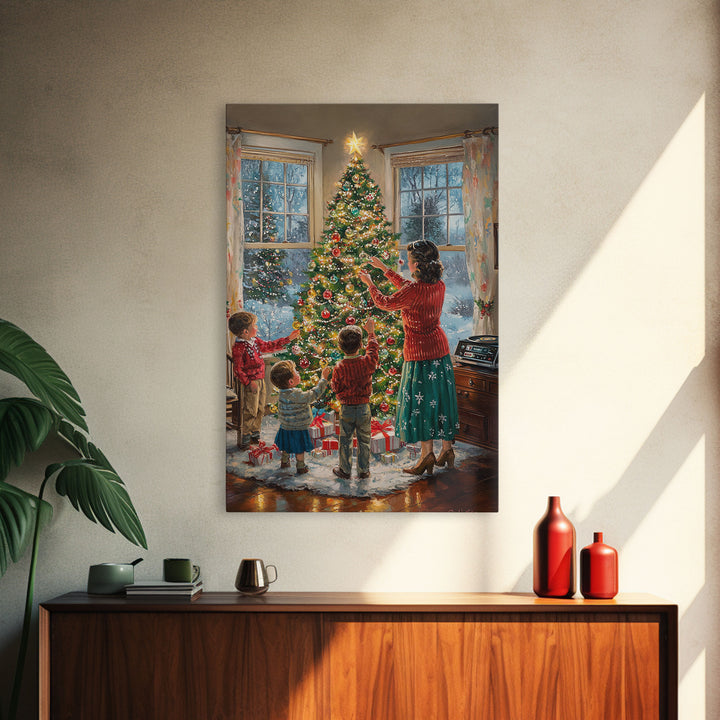 Retro Family Decorating Christmas Tree in Living Room, Classic Christmas Decor Scene, Perfect for Holiday Home, Framed Canvas Print