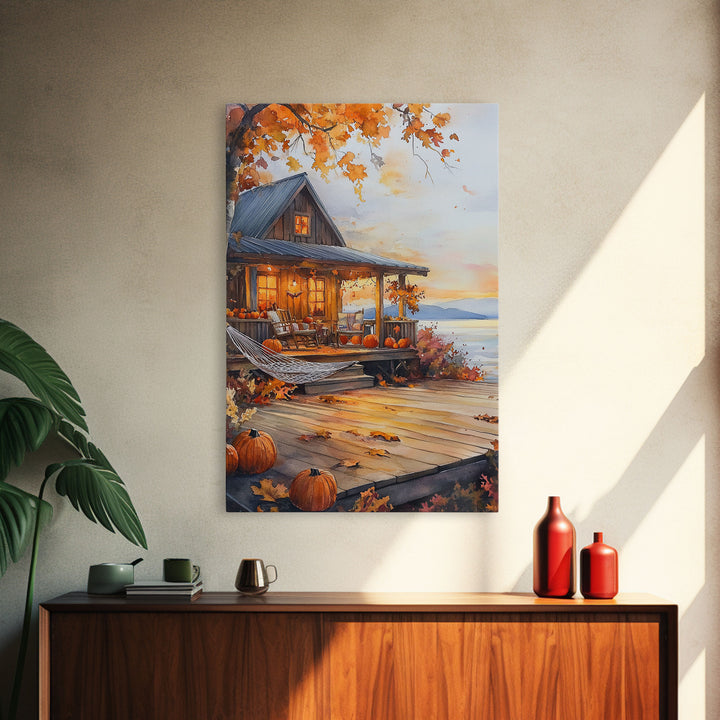 Cozy autumn cabin porch with pumpkins and scenic view, Framed Canvas Print, perfect above sofa art, fall seasonal decor, gallery wall