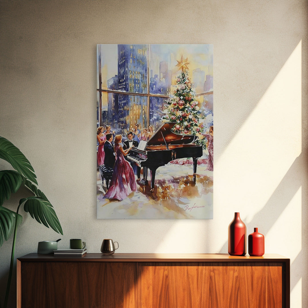 Elegant Christmas party with grand piano and city skyline view Framed Canvas Print, classy holiday wall art perfect seasonal decor idea
