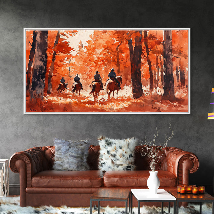 Framed Canvas Print Fall Forest Riders in Autumn Colors, Rustic Cowboy Wall Art, Perfect Fall Decor and Seasonal Home Art