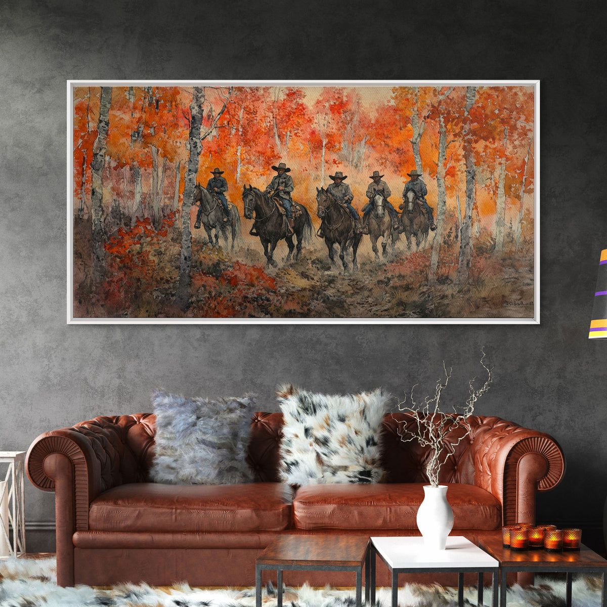 Framed Canvas Print Horseback Riders in Rustic Fall Forest, Cowboy Theme Wall Art, Autumn Home Decor, and Seasonal Canvas Wall Print