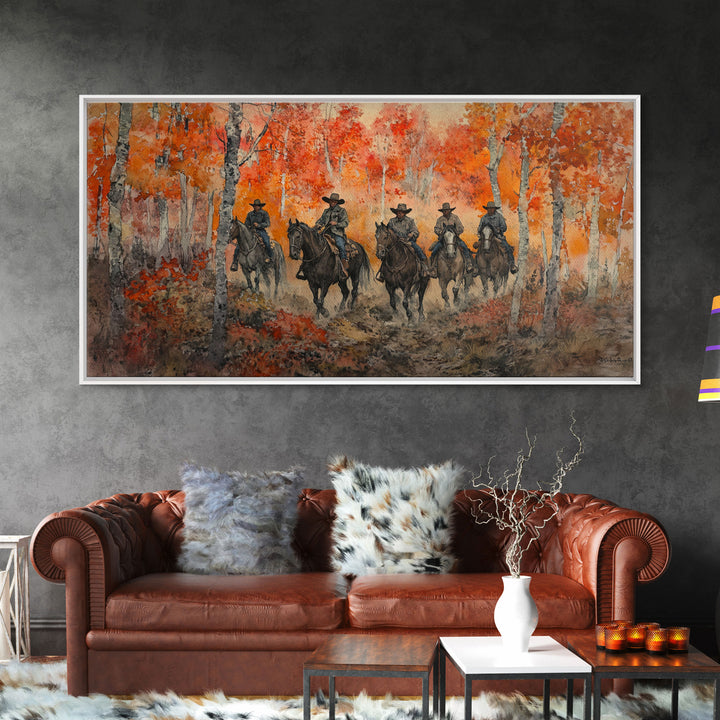 Framed Canvas Print Horseback Riders in Rustic Fall Forest, Cowboy Theme Wall Art, Autumn Home Decor, and Seasonal Canvas Wall Print