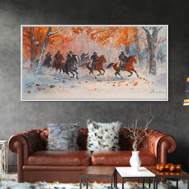 Framed Canvas Print Fall Forest Cowboys in Vibrant Autumn Colors, Perfect Autumn Wall Art, Rustic Home Decor, and Seasonal Cowboy Art