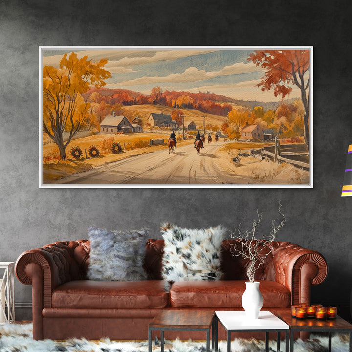 Framed Canvas Print Autumn Cowboy Riders in Fall Colors, Perfect Autumn Decor, Rustic Western Wall Art, and Seasonal Fall Wall Print