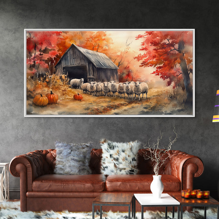 Framed Canvas Print Autumn Farm with Sheep and Pumpkins, Perfect Fall Decor, Rustic Country Home Wall Art, Seasonal Autumn Canvas Print