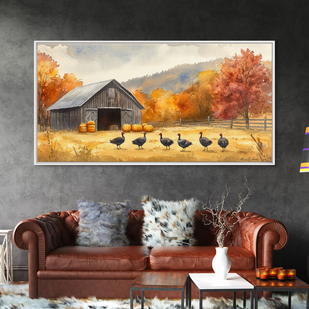 Framed Canvas Print Rustic Barn with Pumpkins and Turkeys, Perfect Autumn Farmhouse Decor, Fall Wall Art, Country Autumn Scene