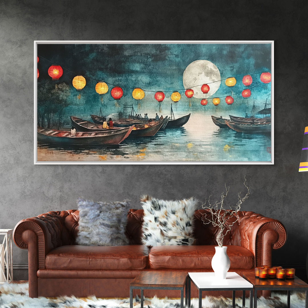 Framed Canvas Print Full Moon Lanterns on Boats, Dreamy Night Scene, Watercolor Christmas Art, Unique Holiday Decor, Coastal Christmas