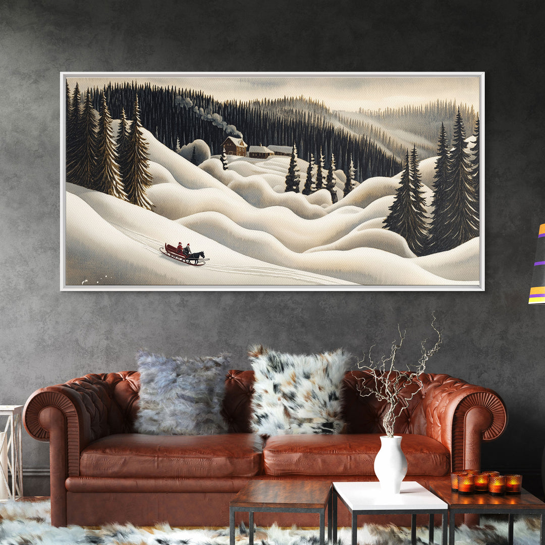 Framed Canvas Print Snowy Mountain Sleigh Ride, Winter Wonderland Wall Art, Christmas Home Decor, Vintage Holiday Scene
