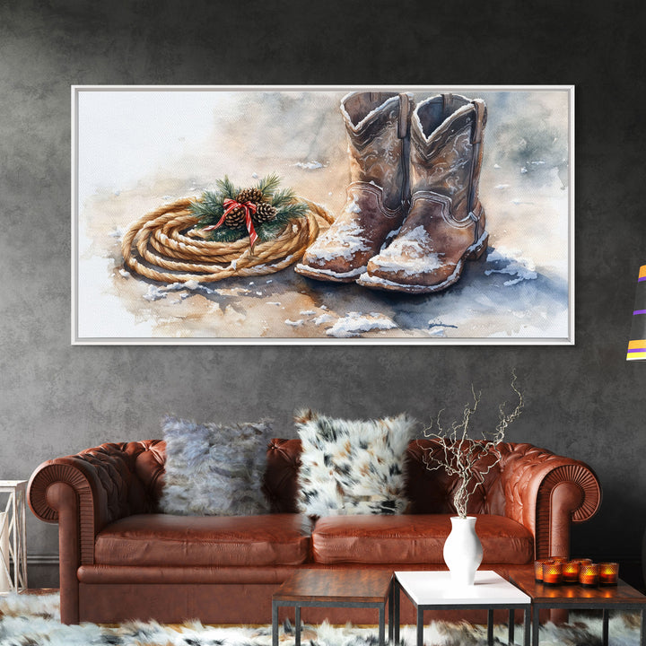 Framed Canvas Print Cowboy Boots and Rope with Pinecones, Rustic Winter Decor, Western Christmas Art, Perfect Holiday Wall Print