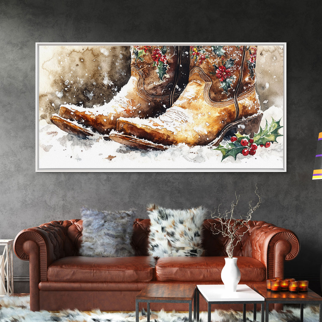 Rustic Cowboy Boots with Holly Framed Canvas Print Christmas Decor Western Holiday Wall Art Vintage Christmas Art Gift Idea 2024