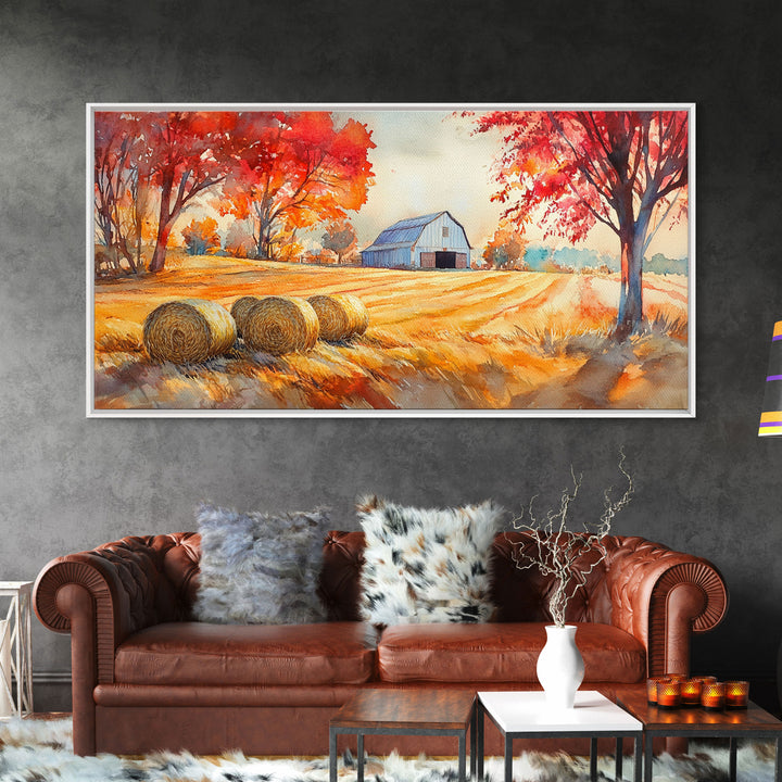 Rustic Autumn Farmhouse Scene Framed Canvas Print Fall Country Landscape with Barn Seasonal Wall Art Farmhouse Decor Holiday Gift 2024