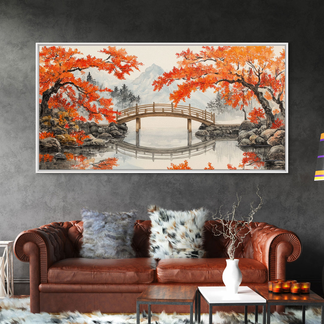 Japanese Bridge in Autumn Framed Canvas Print Fall Landscape Art Nature Wall Decor Seasonal Holiday Art Rustic Country Gift Idea 2024
