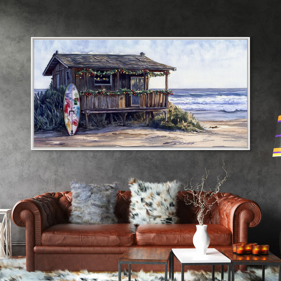 Christmas beach art Framed Canvas Print tropical Christmas decor holiday wall art Christmas vacation gift idea vintage Christmas wall art