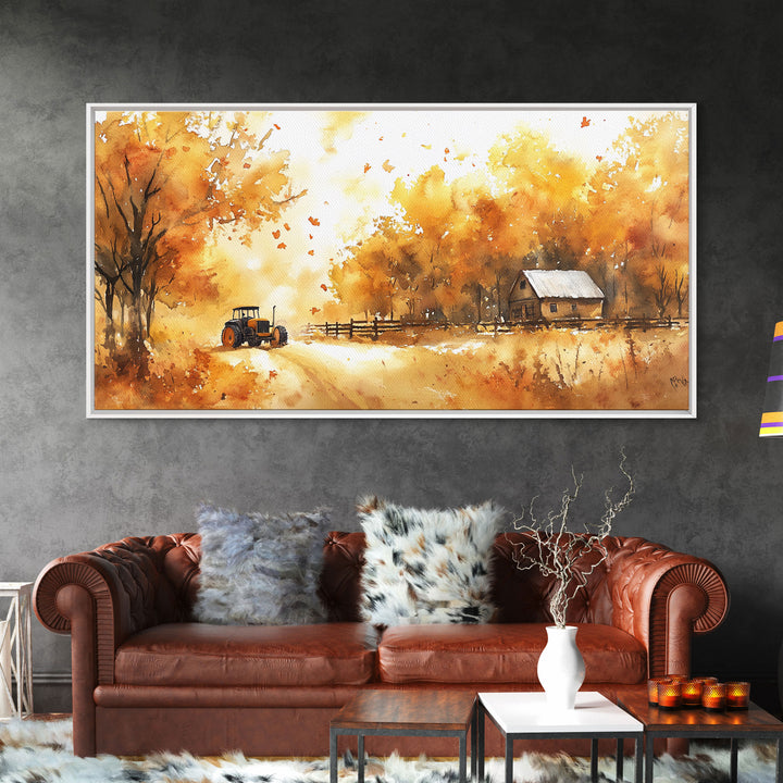 Autumn farmhouse art Canvas Print tractor and cabin rustic decor vintage fall wall art seasonal wall art gift idea fall holiday home decor