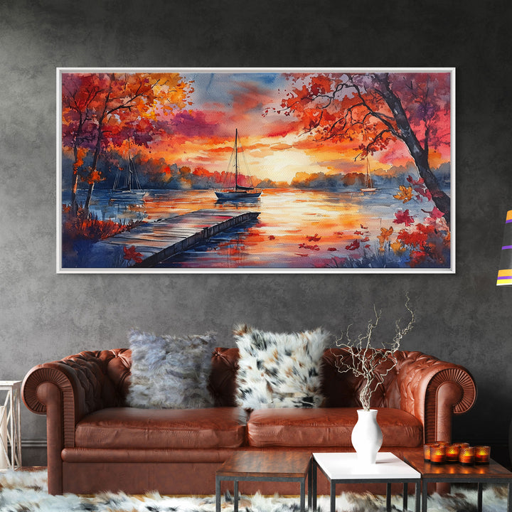 Fall landscape art Canvas Print sunset on lake sailboats moody landscape holiday wall art vintage fall decor gift idea autumn wall art