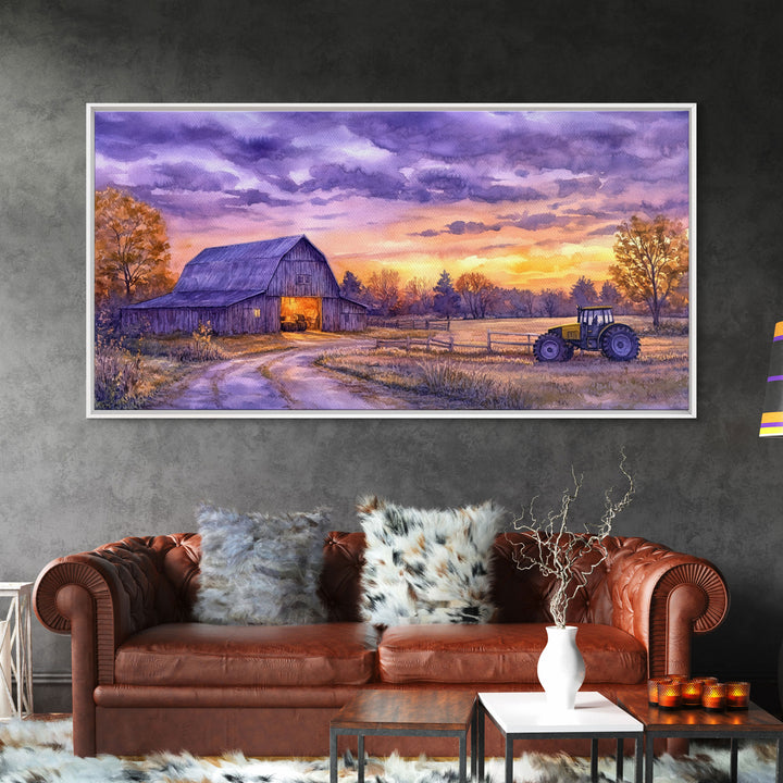 Farmhouse autumn decor Framed Canvas Print evening barn scene with tractor warm fall colors gift idea autumn seasonal wall art rustic decor