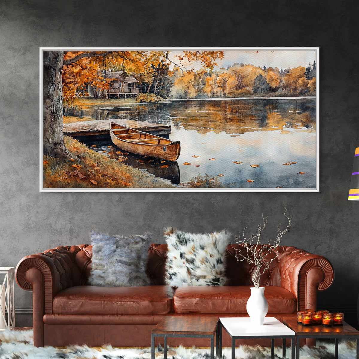 Fall lake house decor Framed Canvas Print serene lakeside cabin canoe rustic autumn wall art seasonal decor gift idea cozy fall home decor