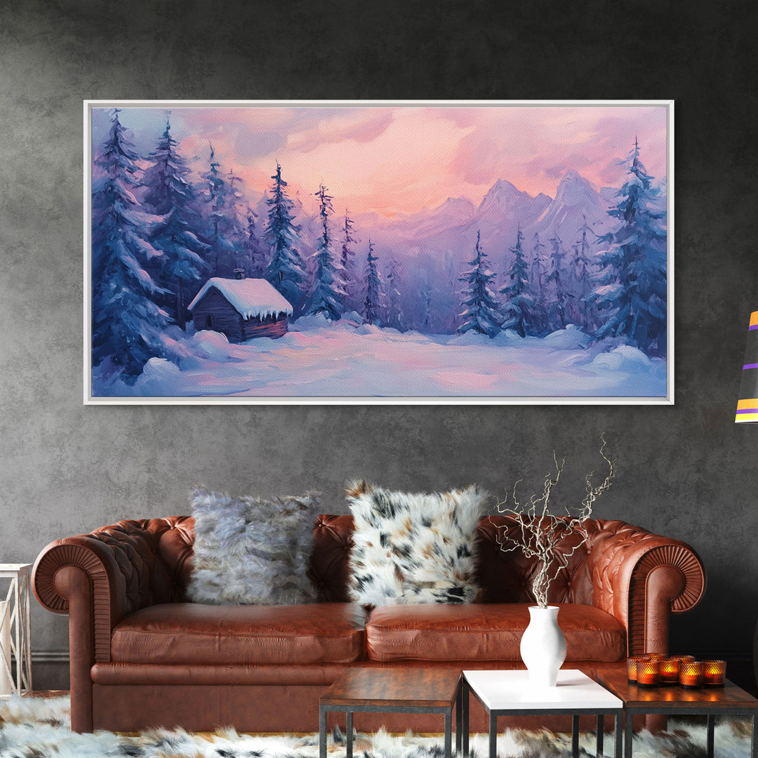 Cozy Cabin Surrounded By Winter Trees Tall Art Framed Canvas Print Serene Snowy Forest Cabin Landscape With Warm Interior Lights