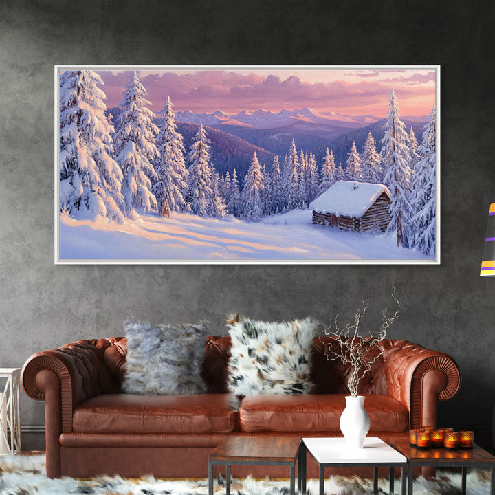 Mountain Cabin At Sunrise Tall Art Framed Canvas Print Winter Snow Covered Trees And Cabin In Mountains With Pastel Sky