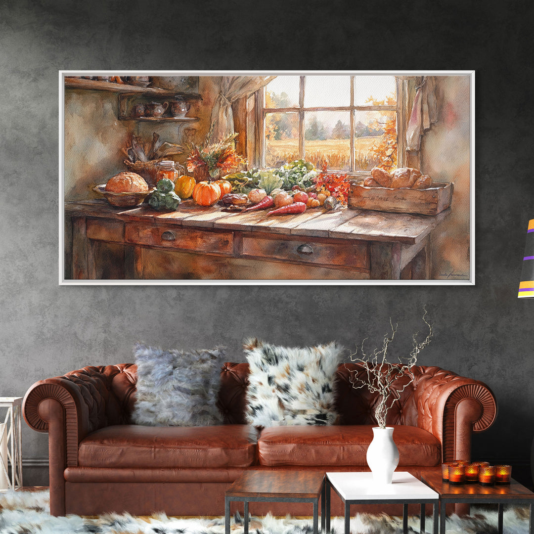 Autumn farmhouse scene art, seasonal wall decor, vintage fall wall art, rustic autumn home decor, gift idea, framed canvas print