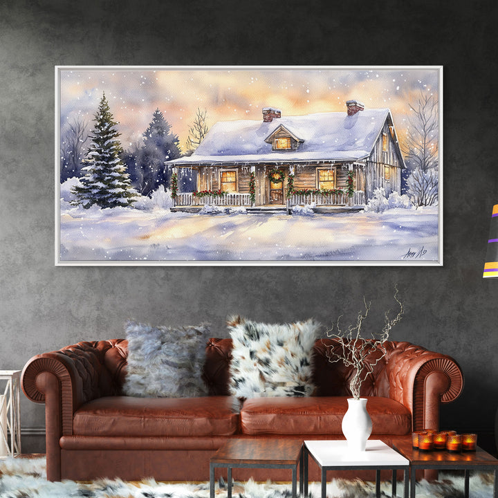 Log cabin in winter, snowy holiday art, farmhouse Christmas decor, rustic Christmas, vintage wall art, framed canvas print