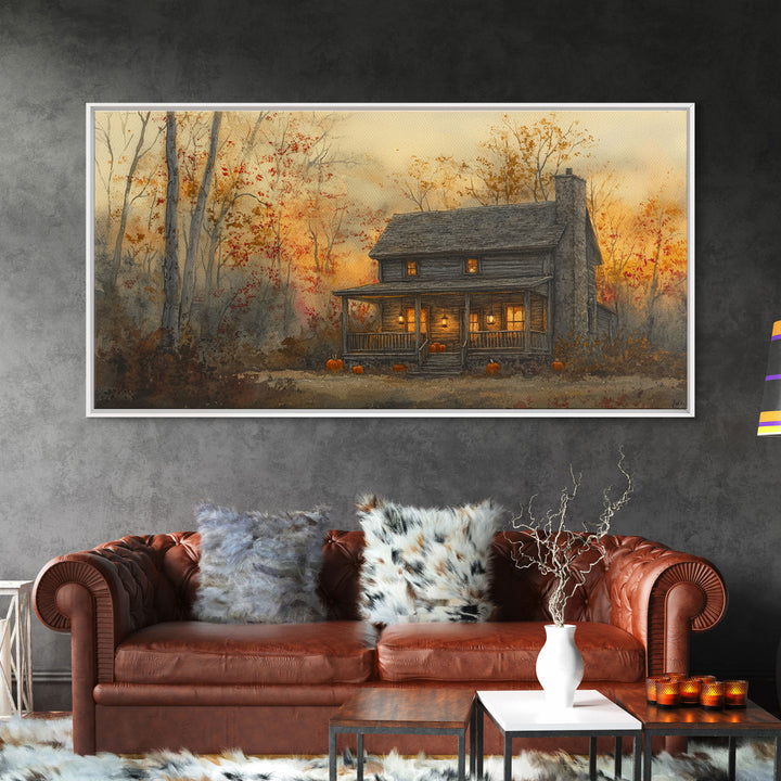 Spooky farmhouse art, Halloween wall art, autumn pumpkin decor, rustic wall print, moody landscape, vintage fall art, framed canvas print