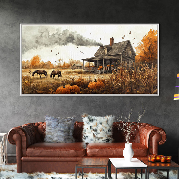 Horses grazing in autumn landscape, fall farmhouse decor, rustic wall art, decor, vintage fall wall print, framed canvas print