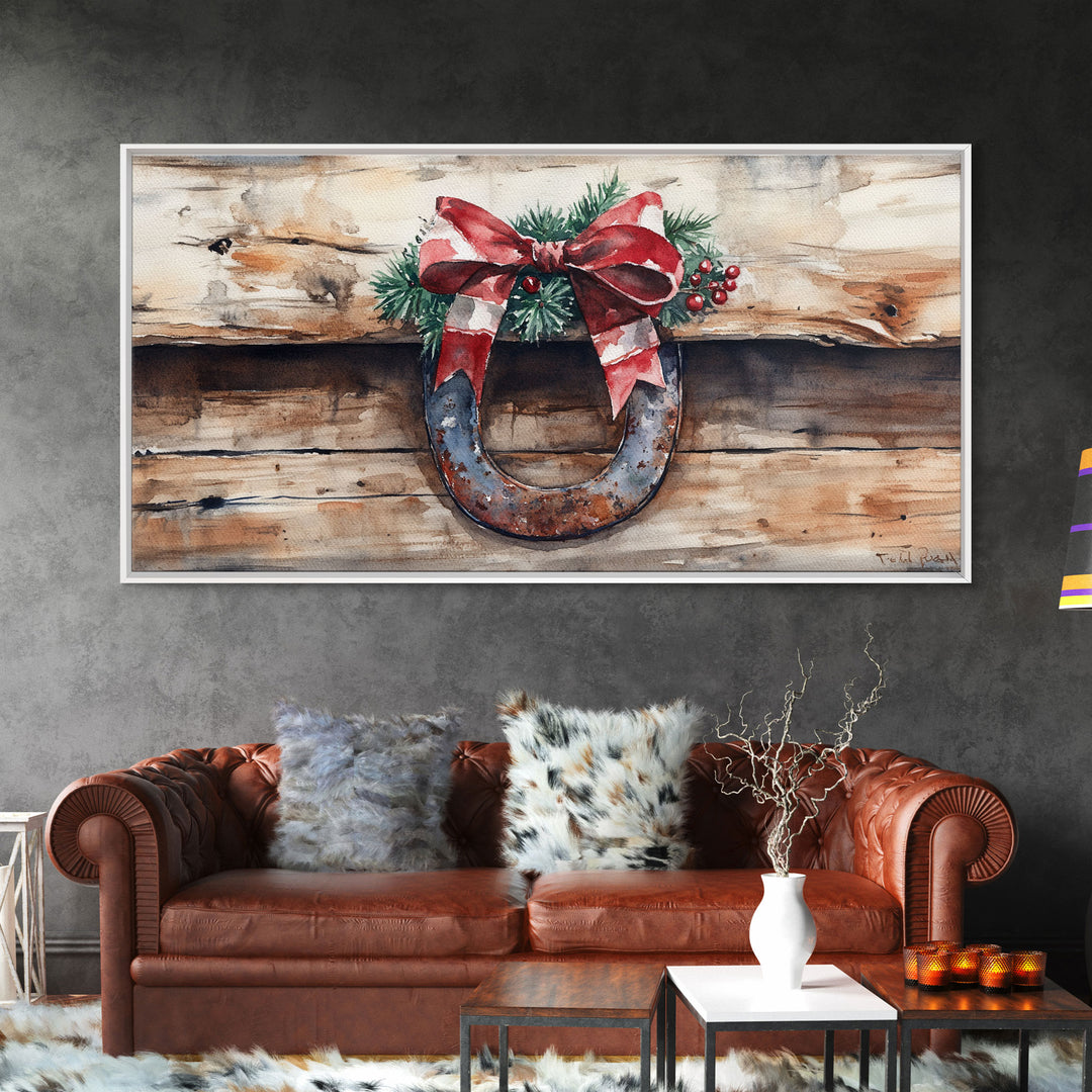 Festive horseshoe Christmas art, rustic holiday decor, farmhouse holiday gift idea, cozy winter home decor, framed canvas print