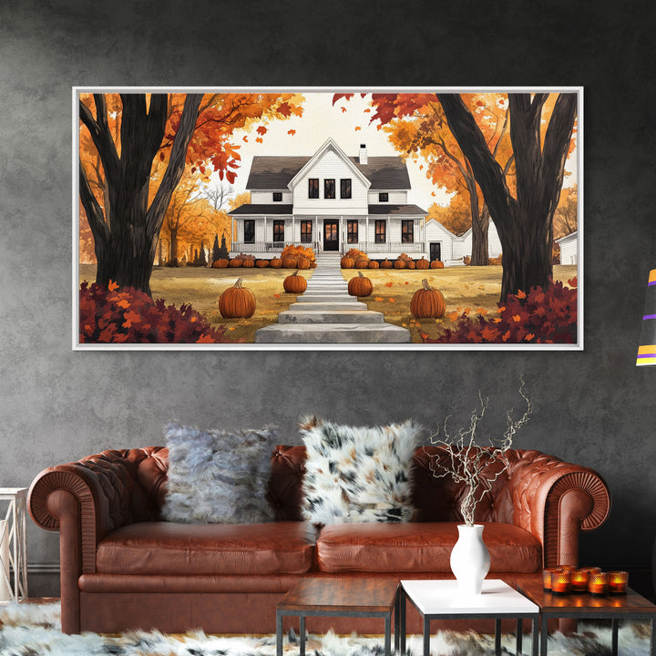 Fall farmhouse pumpkin decor, autumn country home art, rustic fall wall print seasonal wall decor, framed canvas print, autumn farmhouse art