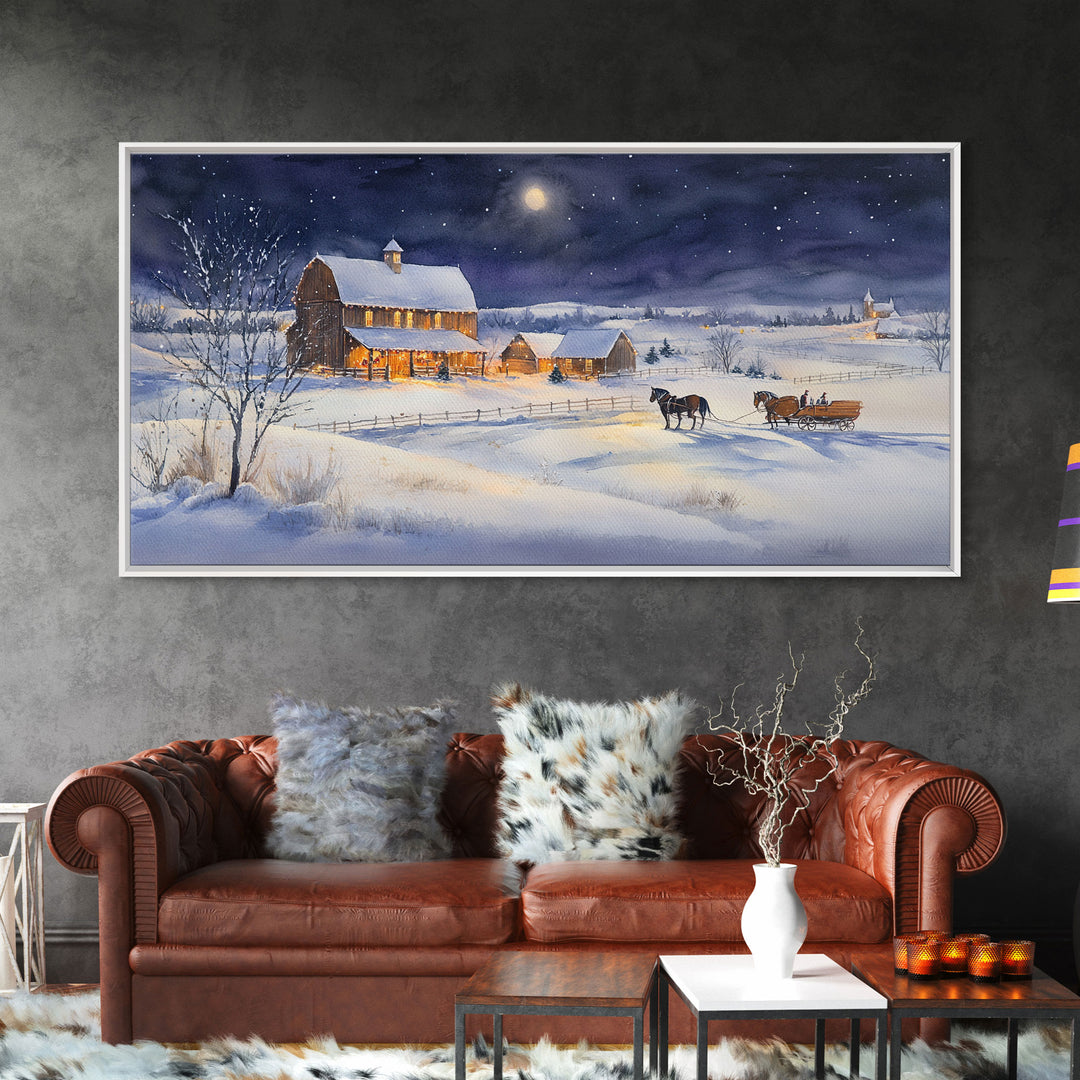 Horse and Barn in Snowy Christmas Scene, Framed Canvas Print, Winter Christmas Decor, Farmhouse Christmas, Rustic Holiday Art, Wall Art