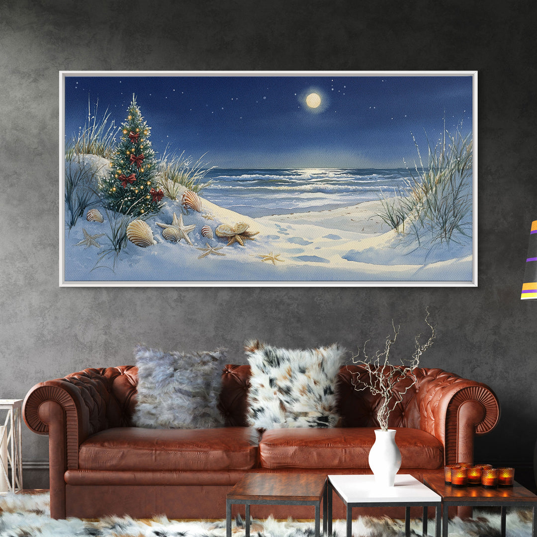 Christmas Tree on Snowy Beach with Full Moon, Framed Canvas Print, Coastal Christmas Art, Nautical Holiday Decor, Winter Wonderland, Beach