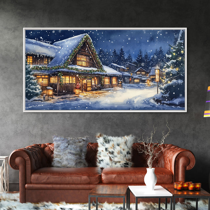 Cozy Snowy Christmas Cabin Scene Canvas Print | Winter Wonderland Christmas Wall Art | Rustic Christmas Decor | 2024 Holiday Art Gift