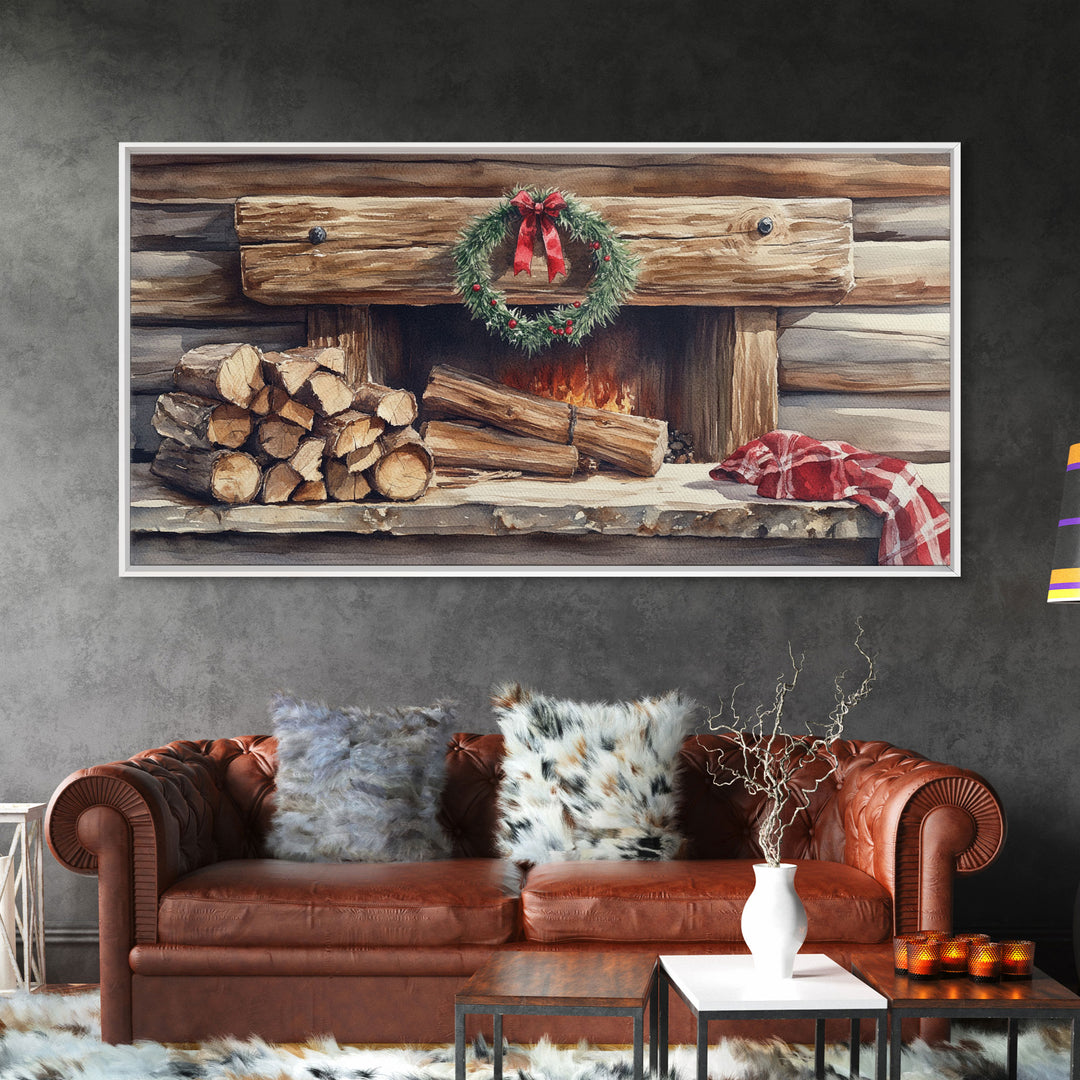 Cozy Cabin Fireplace Christmas Canvas Print | Rustic Christmas Wall Art | Holiday Home Decor | Christmas Mantle Decor | 2024 Christmas Gift
