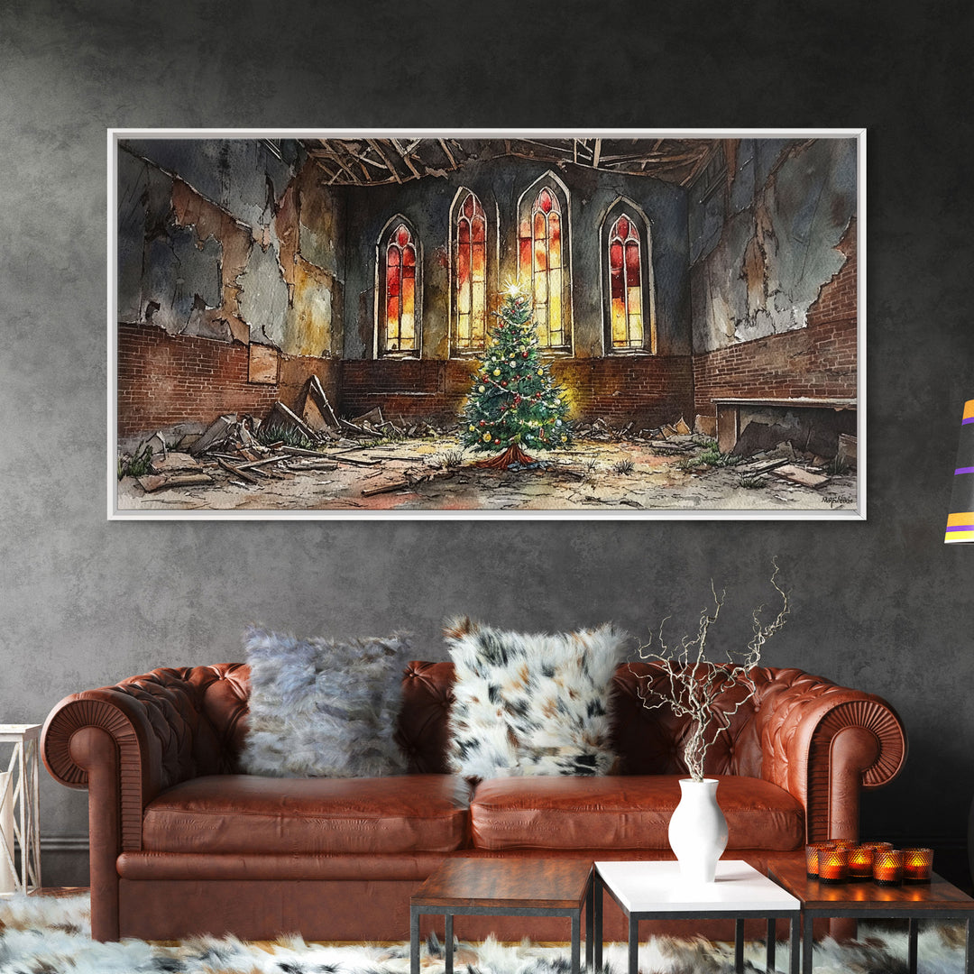 Christmas tree in abandoned church art, framed canvas print, rustic Christmas decor, winter decor, vintage Christmas scene art for home
