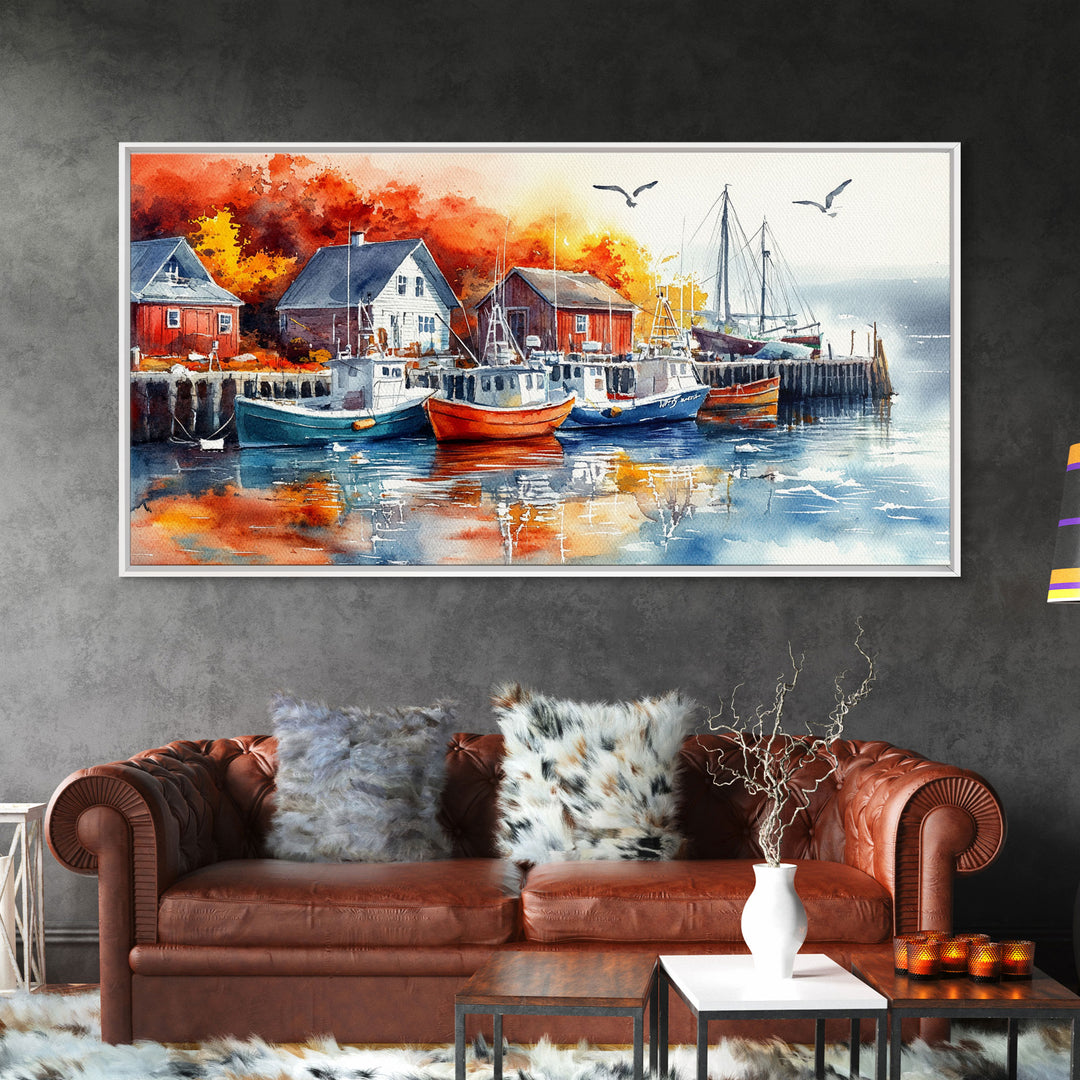 Colorful boats harbor framed canvas print, rustic autumn coastal decor, fall home decor, vintage nautical art gift idea, seasonal wall art