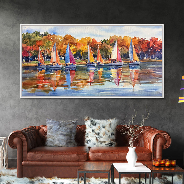 Sailboats on autumn lake, framed canvas print, colorful fall decor, nautical wall art for fall home, rustic autumn wall art, gift idea