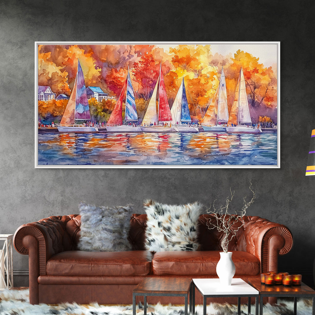 Sailboats in autumn harbor framed canvas print, colorful fall decor, rustic nautical wall art, autumn home decor, fall landscape wall art