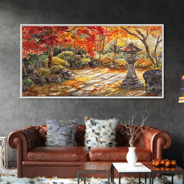 Beautiful Autumn Garden Path with Lantern, Fall Decor, Watercolor Landscape Art, Framed Canvas Print, Wall Art, Farmhouse Decor, Gift Idea
